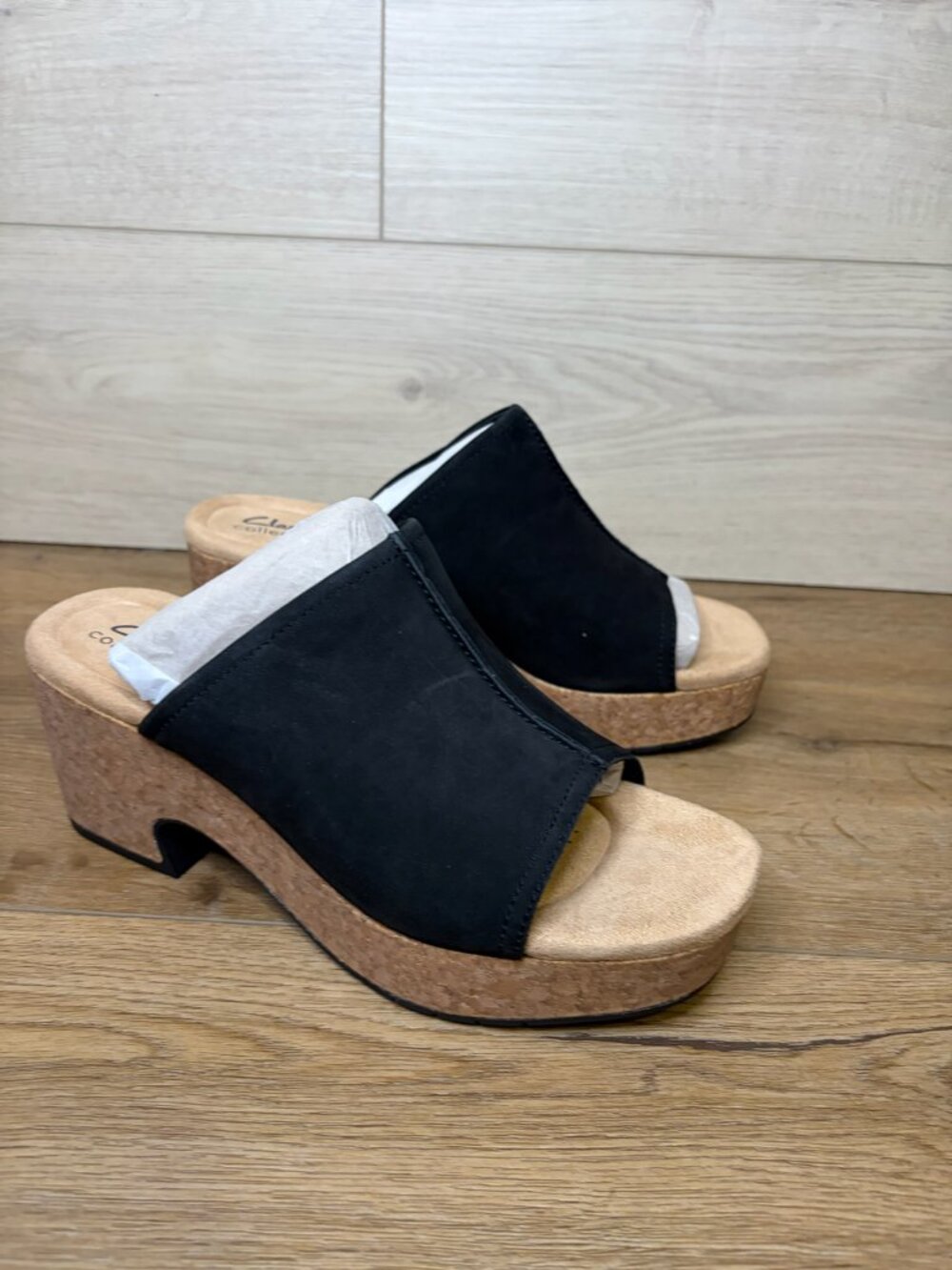 Clarks Collection Nerisa Vine Black Suede Cork Wedge Sandals 9W